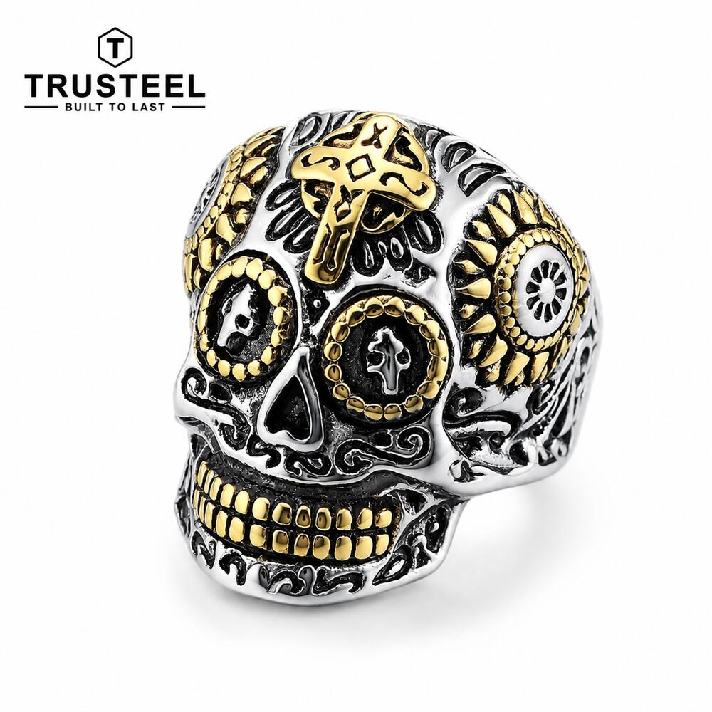 316L Stainless Steel Sugar Skull Ring Cross Gothic Biker Men’s Size 11